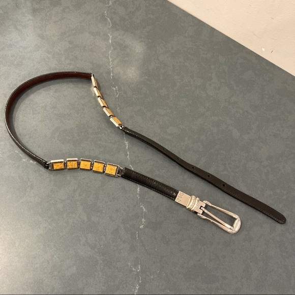 Womens medium black brown reversible leather belt with silver tone links buckle - Picture 1 of 16